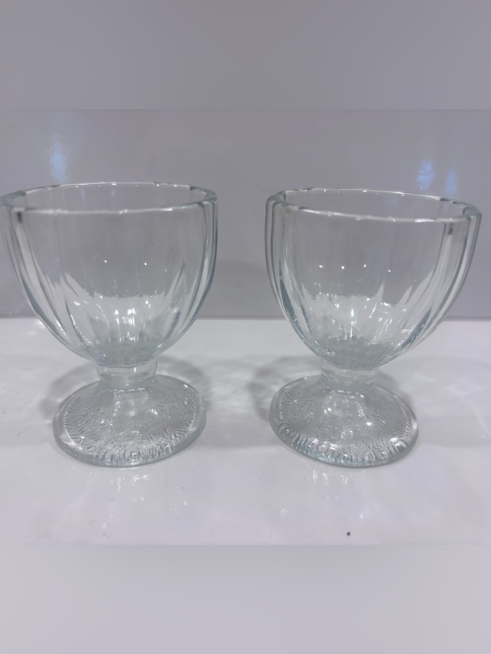 Vintage Clear Pressed Glass Egg Cups Pair Fluted Paneled Design Footed Holders